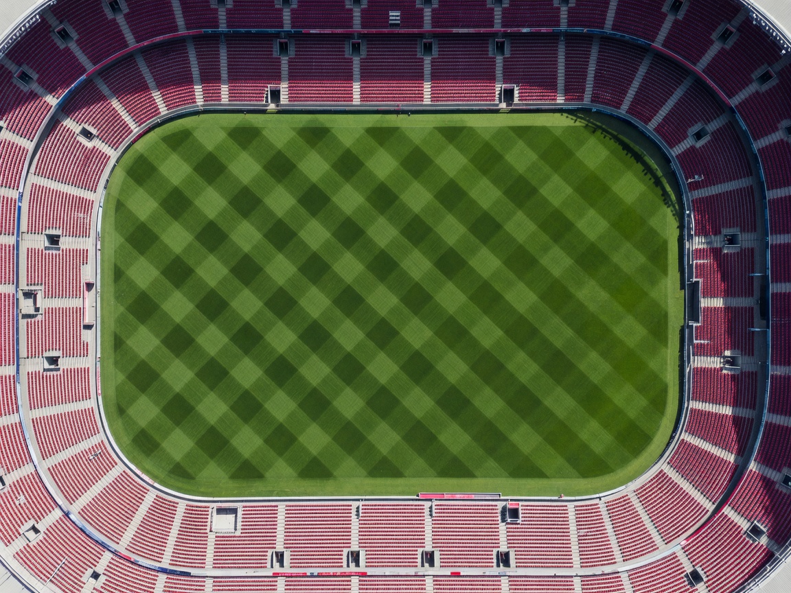 Aerial view of football pitch showing turf mowed in stripes and stadium bowl seating