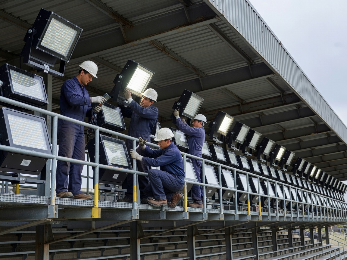Engineers maintaining industrial LED floodlight array along grandstand roof gantry