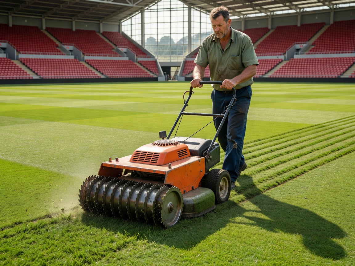 Groundsman guiding a walk-behind cylinder mower cutting stadium turf grass