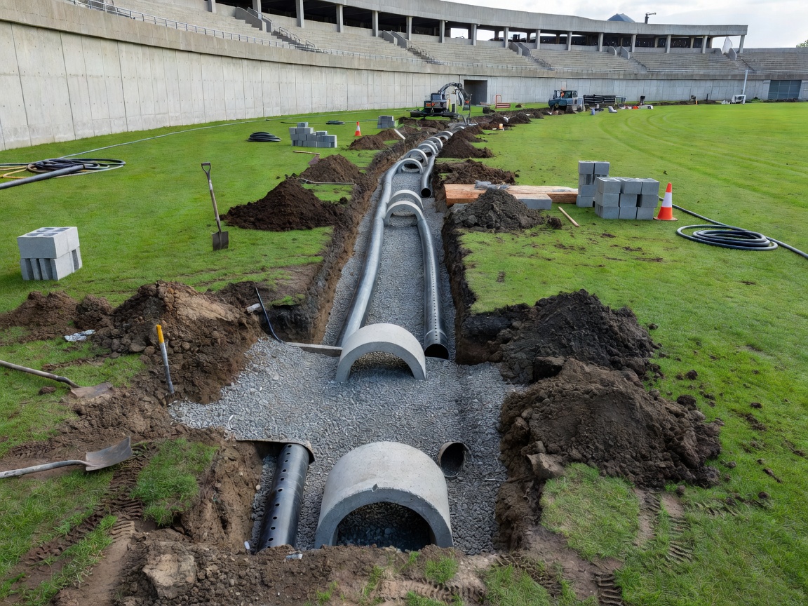 Heavy ground drainage trench installation alongside stadium perimeter grass apron
