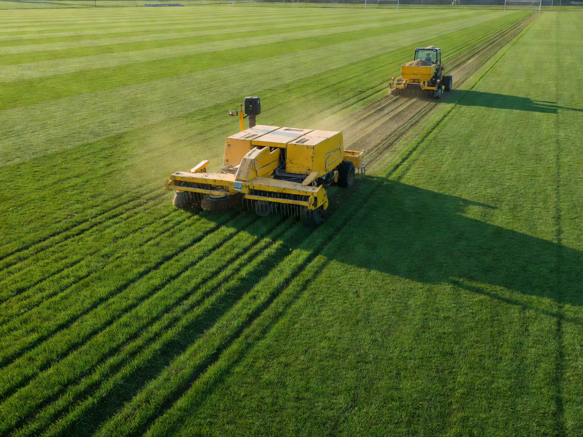 Maintenance machinery working over natural green football pitch turf