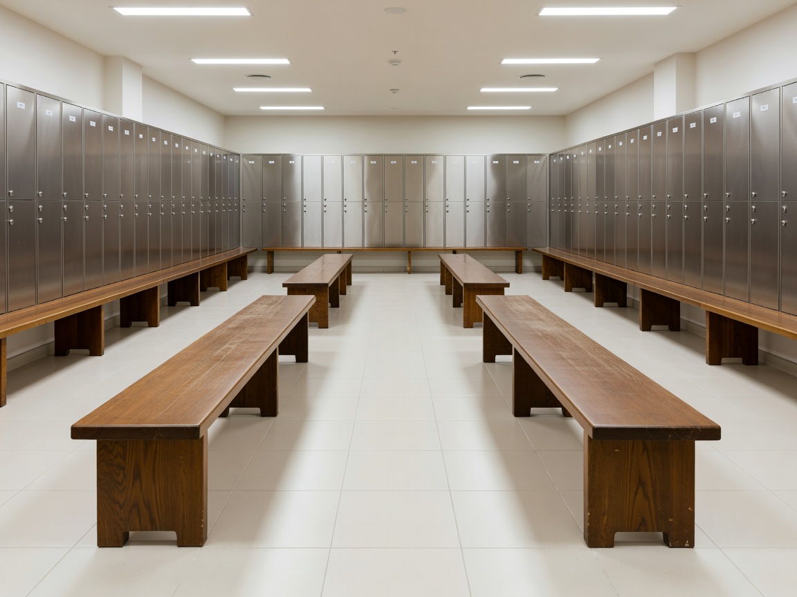 Professional sports changing room with wooden bench seating, lockers, and clean tiled floor