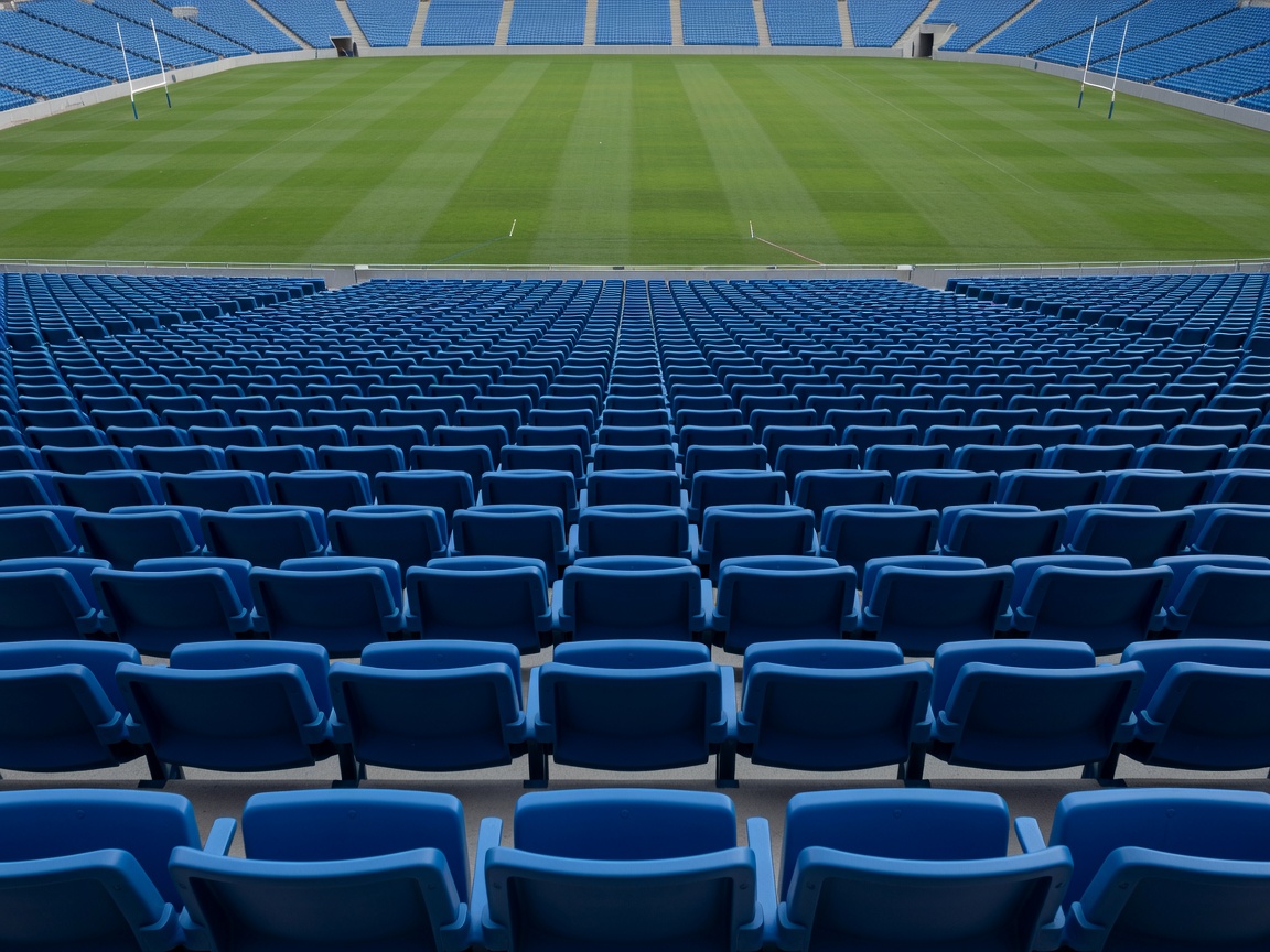 Row upon row of blue fold-down plastic stadium seats overlooking an empty football arena
