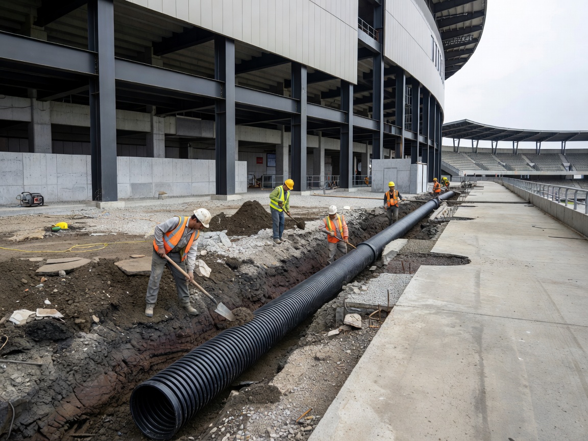 Subsurface drainage pipe installation beside perimeter stadium concourse