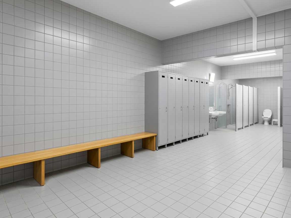 Tiled sports team changing room with benches, lockers, and clean sanitary fixtures
